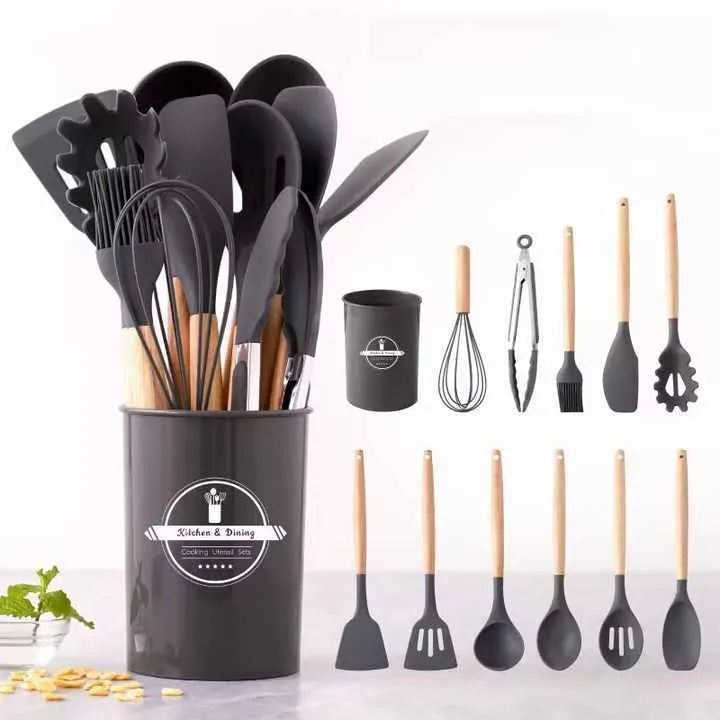 Jogo de Utensílios 12 Peças Silicone com Cabo de Madeira — Cozinha com Estilo e Qualidade
