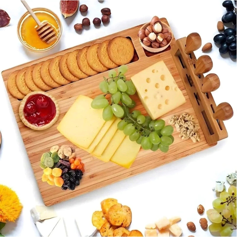 Tábua de Queijos e Frios Bambu Premium + Kit 4 Espátulas Inox — Mesa de Petiscos Perfeita